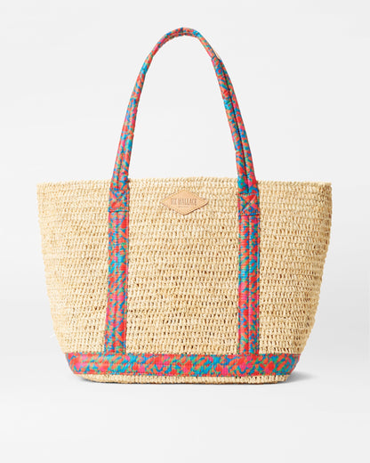 Raffia/Poppy Print Medium Raffia Tote